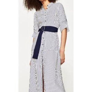 Zara Basic Collection Blue & White Striped dress Size XS Button Front Side Slit‎